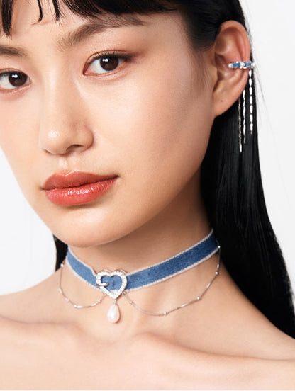 Original Denim Choker Necklace Design with Heart-Shaped Pendant and Pearl Drop Detail – Elegant, Trendy for Casual Wear, Date Night, Parties, Ideal for Adding a Versatile and Stylish Touch to Your Outfit for Women