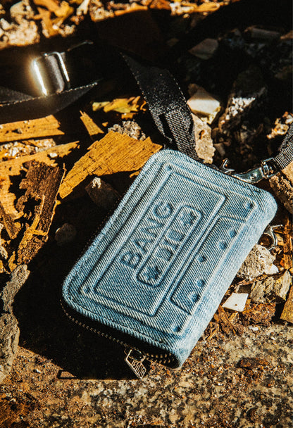 Original Wallet Pouch with Blue Denim and Embossed "BANG" Branding - Edgy, Urban, Modern Style, Compact, Durable, Stylish for Streetwear and Everyday Use for Men