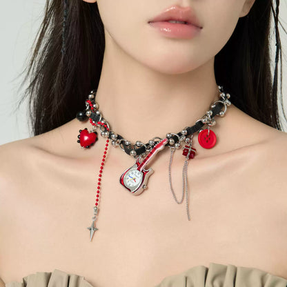 Original Red Button Guitar Charm Necklace- A Playful and Artistic Styled Statement Piece  for Women