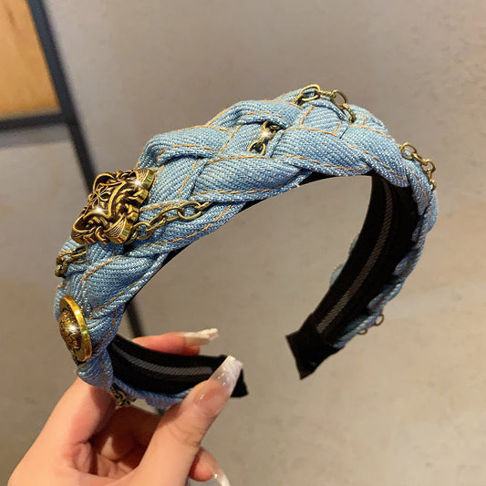 Original Denim Braided Headband Design with Antique Gold Chains and Metal Embellishments – Boho-Chic, Vintage for Casual Outings, Special Occasions, Daily Wear, Ideal for Adding a Stylish and Unique Touch to Your Hair for Women