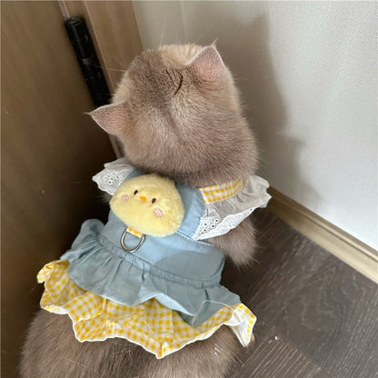 Trendy Cat Dress with Denim Fabric, Yellow Gingham Frills, and Chick-Shaped Applique - Cute, Playful Design , Perfect for Everyday and Outdoor Wear for Pets