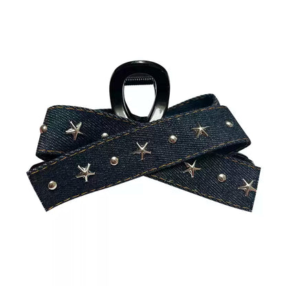 Trendy Dark Blue Denim Claw Clip with Embroidered Star Accents - Cute, Casual Design, Lightweight and Stylish for Everyday Wear, Casual Outings, and Hair Styling for Women