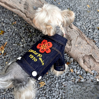 Trendy Beige Denim Dog Vest with Paris-Themed Embroidery and Gingham Accents - Cute, Fashionable Design, Soft and Comfortable for Casual Wear, Photo Shoots, and Everyday Outings for Pets