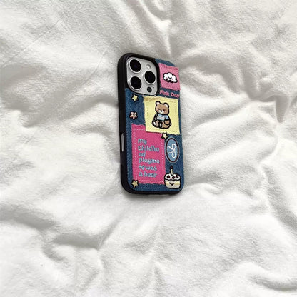 Denim fabric laminated with TPU Trendy Playful Patchwork Phone Case - Cute Bear Design for Young Women