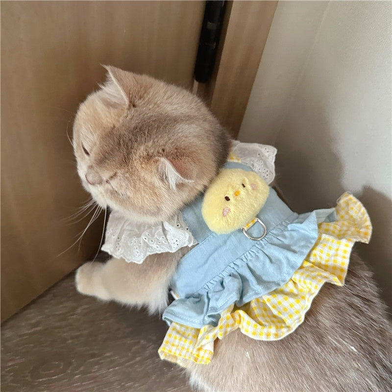 Trendy Cat Dress with Denim Fabric, Yellow Gingham Frills, and Chick-Shaped Applique - Cute, Playful Design , Perfect for Everyday and Outdoor Wear for Pets