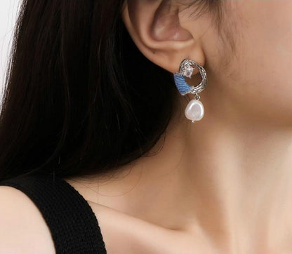 Original Denim Earrings Design with Blue Denim and Crystal Pearl Embellishments – Stylish, Elegant for Casual Outings, Special Occasions, Daily Wear, Ideal for Adding a Chic and Sophisticated Touch to Any Outfit for Women