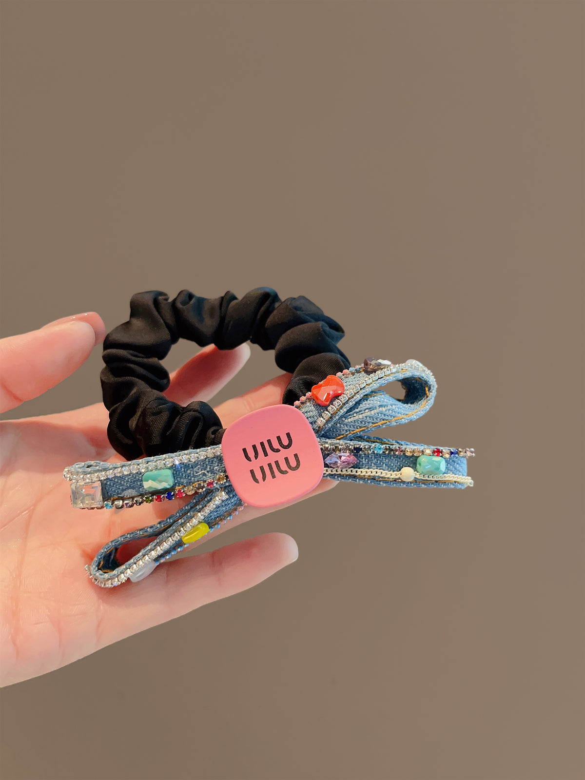 Original Denim Scrunchie with Colorful Button Detail - Playful and Trendy Design, Ideal for Daily Wear and Casual Outings for Women