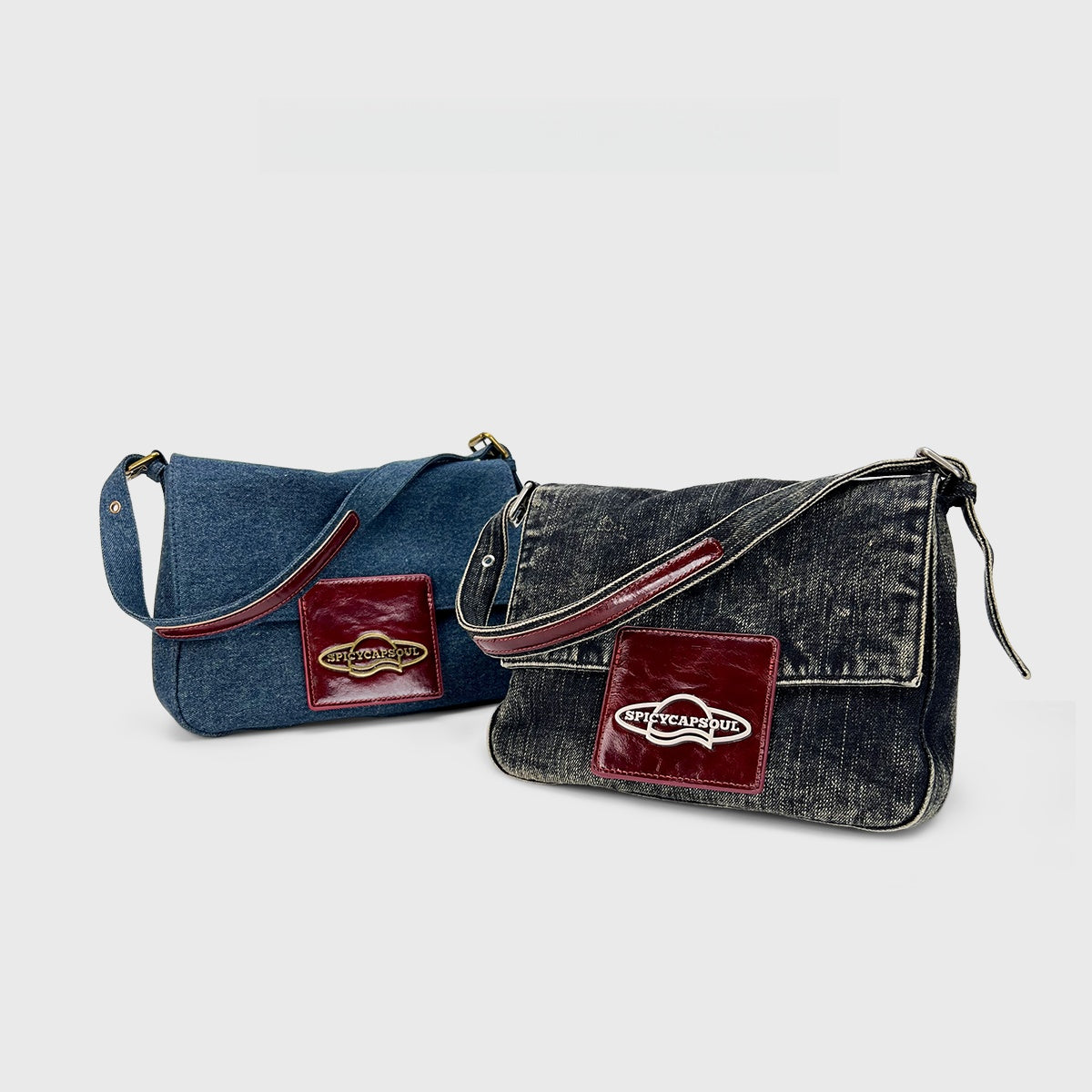 Original Denim and Leather Hand Bag with a Glossy Logo Patch Design in Blue Denim with a Glossy Burgundy Leather Patch and Sleek Flap Design – Stylish, Urban for Casual Outings, Shopping, Everyday Use for Women