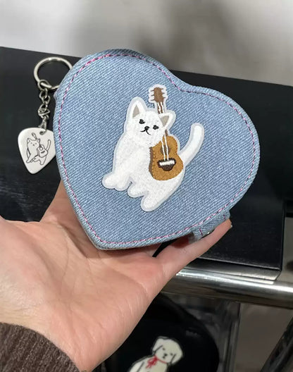 Original Denim Storage Bag Heart Pouch Design with Embroidered Cat Playing Guitar – Playful, Cute for Daily Use, Gifts, Accessories, Ideal for Keeping Small Essentials in a Fun and Adorable Way for Women