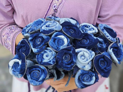 Original Denim Flower Bouquet with Handcrafted Denim Roses in Shades of Blue - Creative, Artistic Design for Home Decor, Gifts, and Special Occasions, Eco-Friendly, Durable, Unique for Unisex