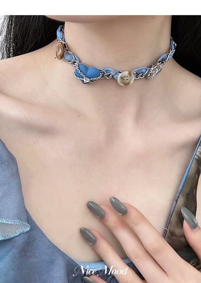 Original Denim Heart Choker Design with Heart-Shaped Accents and Metal Chain Details – Trendy, Chic for Casual Wear, Date Nights, Parties, Ideal for Adding a Fashionable and Unique Touch to Your Look for Women