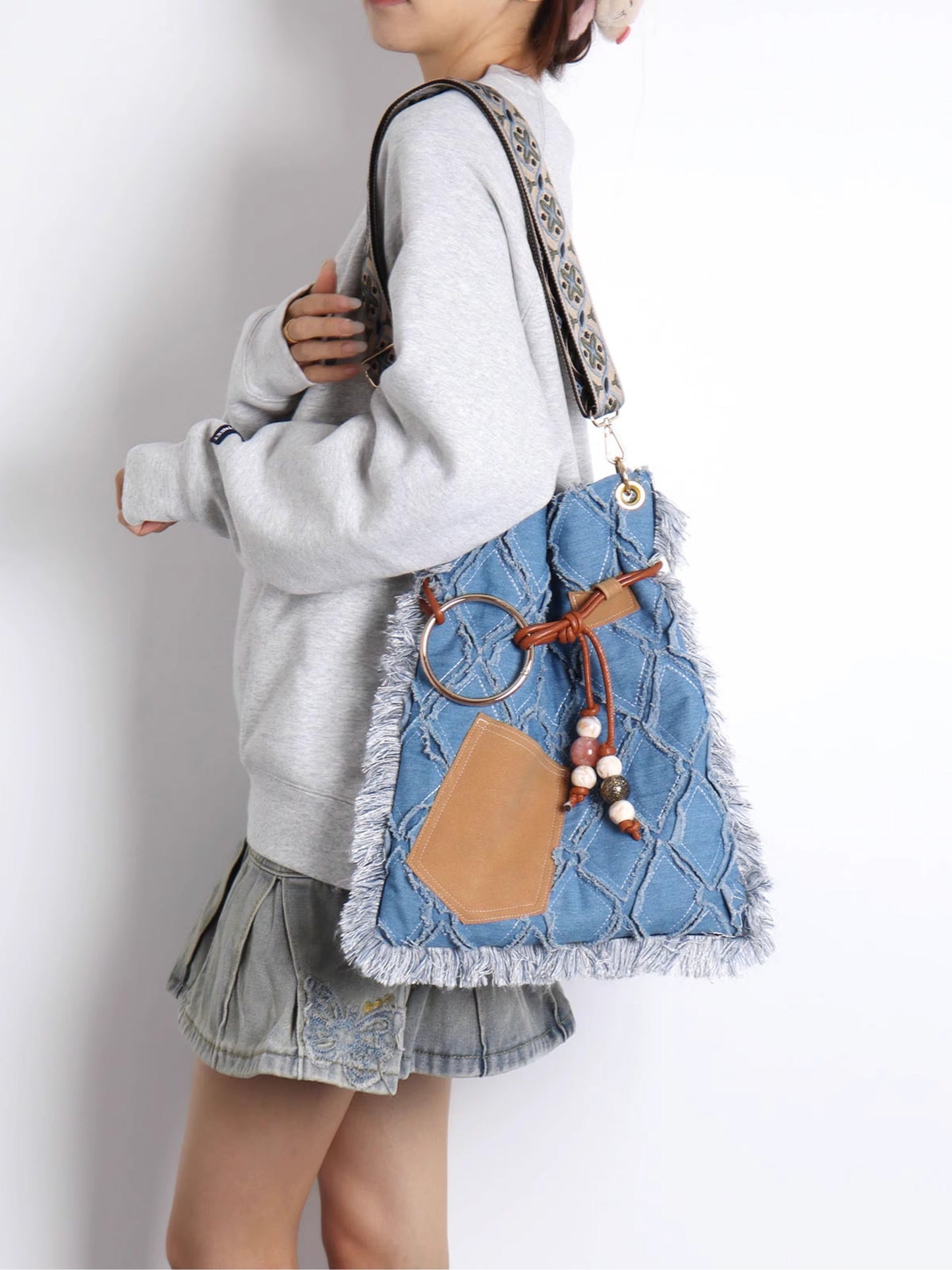 Original Denim Shoulder Bag Fringe Backpack Style with Tan Faux Suede Fringe Details – Bohemian, Vintage, Eclectic for Casual Outings, Festivals, Travel, Ideal for Spacious and Unique Style for Women