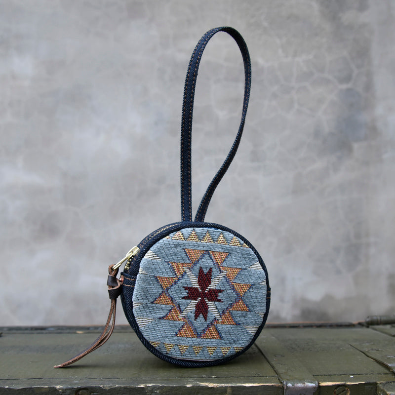 Original Denim Embroidered Round Wristlet Design with Intricate Geometric Embroidery – Bohemian, Artistic for Everyday Carry, Travel, Casual Outings, Ideal for Adding a Unique Handcrafted Touch to Your Essentials for Unisex