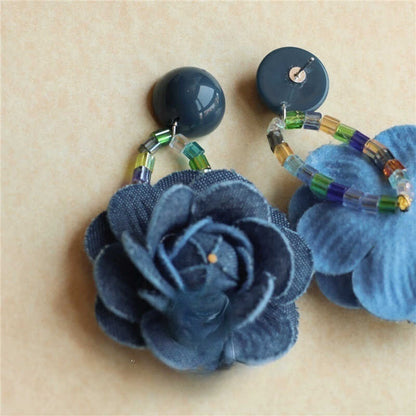 Original Denim Rose Earrings Design with Blue Denim Floral Design and Beaded Accents – Elegant, Artistic for Special Occasions, Casual Chic, Artistic Fashion, Ideal for Adding a Unique and Stylish Floral Touch to Any Look for Women