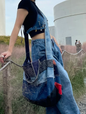 Original Denim Crossbody bag Design with Multi-Patch style and Red and Beige Accents – Eclectic, Casual for Daily Outings, Casual Activities, Shopping, Ideal for Adding Character to Your Look with Practicality for Women