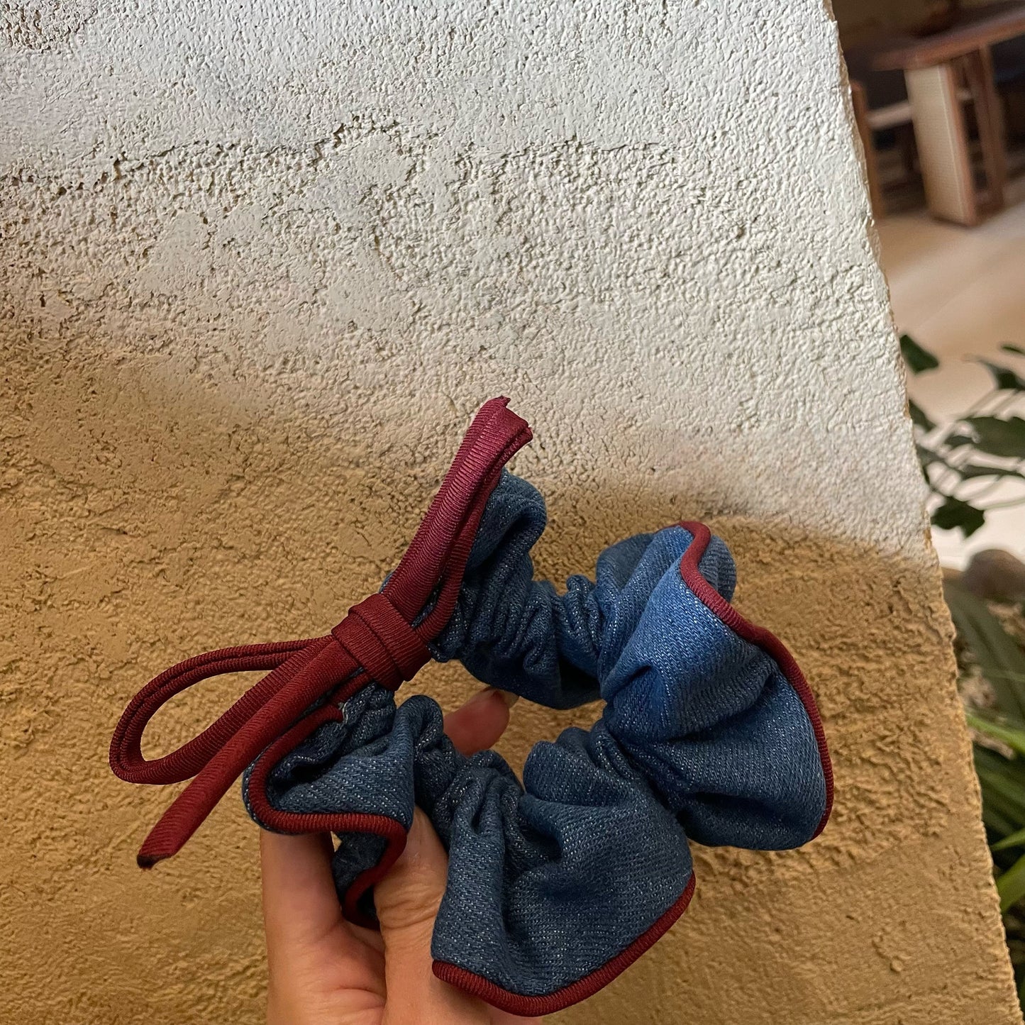 Original Denim Scrunchie with Burgundy Accent and Bow Tie - Trendy, Functional Design, Ideal for Daily Wear or Casual Outings  for Women