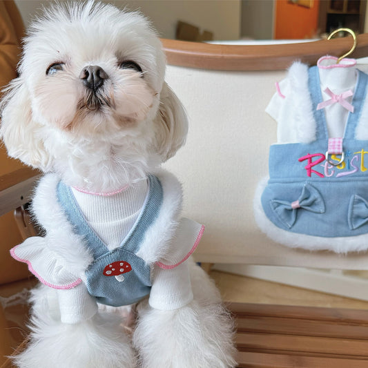 Original Denim Dress Pet Outfit with Light Blue, Faux Fur Trim, and Mushroom Embroidery - Cute, Cozy Design, Warm, Soft, Stylish for Daily Wear, Photo Shoots, and Special Occasions for Pets