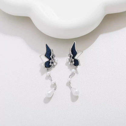 Original Denim Butterfly Earrings with Pearl Accents - Elegant and Feminine Design, Perfect for Special Occasions and Parties for Women