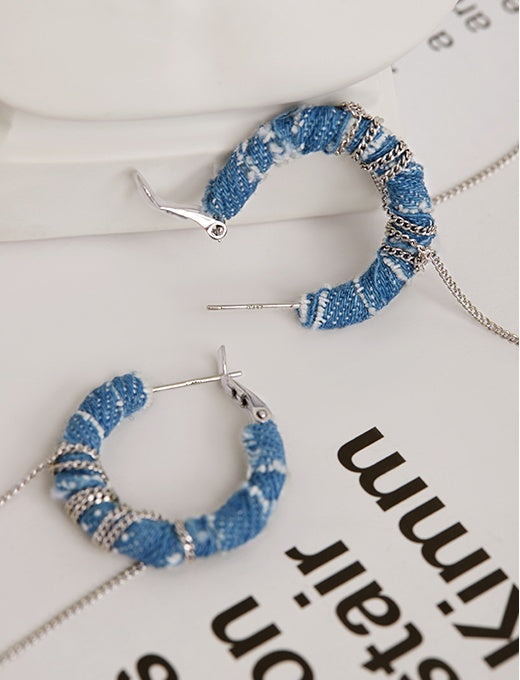 Original Denim Hoop Earrings Design with Blue Denim Wrapped Around Silver Chain and Hanging Silver Chains – Trendy, Edgy for Casual Wear, Fashion Accessories, Parties, Ideal for Adding a Stylish and Versatile Touch to Your Look for Women