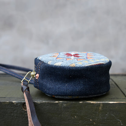 Original Denim Embroidered Round Wristlet Design with Intricate Geometric Embroidery – Bohemian, Artistic for Everyday Carry, Travel, Casual Outings, Ideal for Adding a Unique Handcrafted Touch to Your Essentials for Unisex