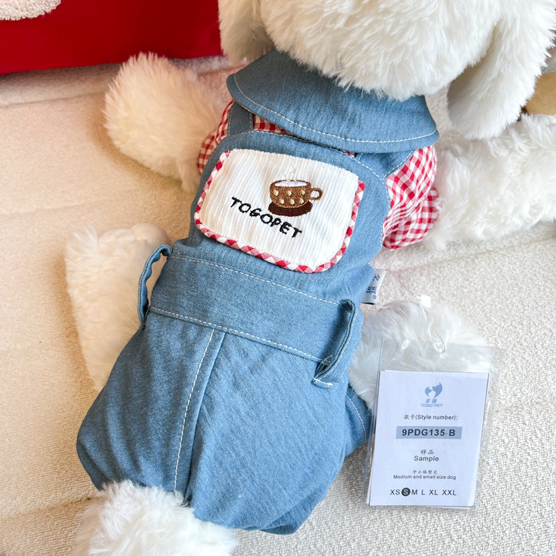 Original Denim Pet Jumpsuit with Light Blue Denim, Gingham Checkered Details, and Coffee Cup Embroidery - Playful, Casual, Cute Design , Perfect for Everyday Wear and Playdates for Pets