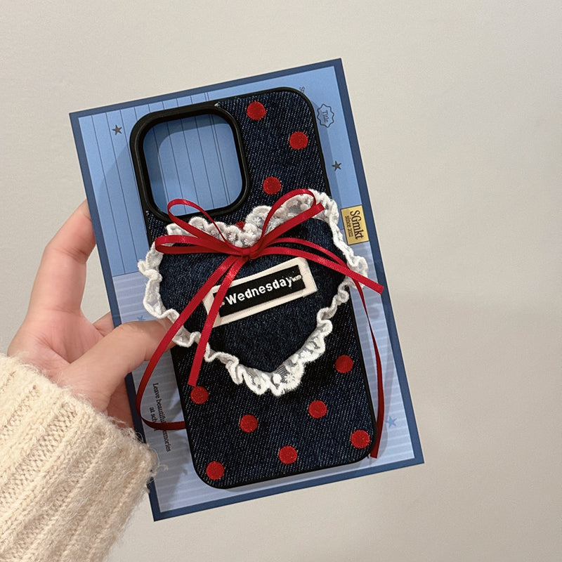 Denim fabric laminated with silicone Trendy Polka Dot Heart Phone Case - Playful Design for Young Women