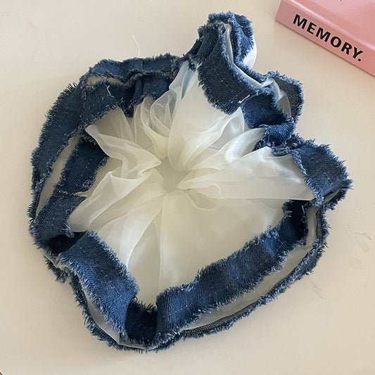 Trendy Denim Hair Scrunchie with Tulle Fringes - Stylish and Comfortable Design, Ideal for Daily Styling and Casual Wear for Women