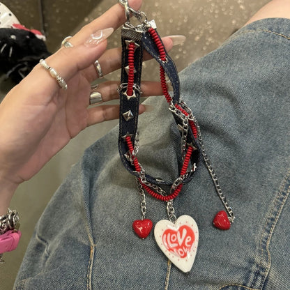 Original Denim Bracelet Design with Blue Denim, Red and Silver Chain Accents, and "Love" Heart Charm – Edgy, Romantic for Casual Wear, Gift, Parties, Ideal for Adding a Trendy and Expressive Accessory to Your Wrist for Women