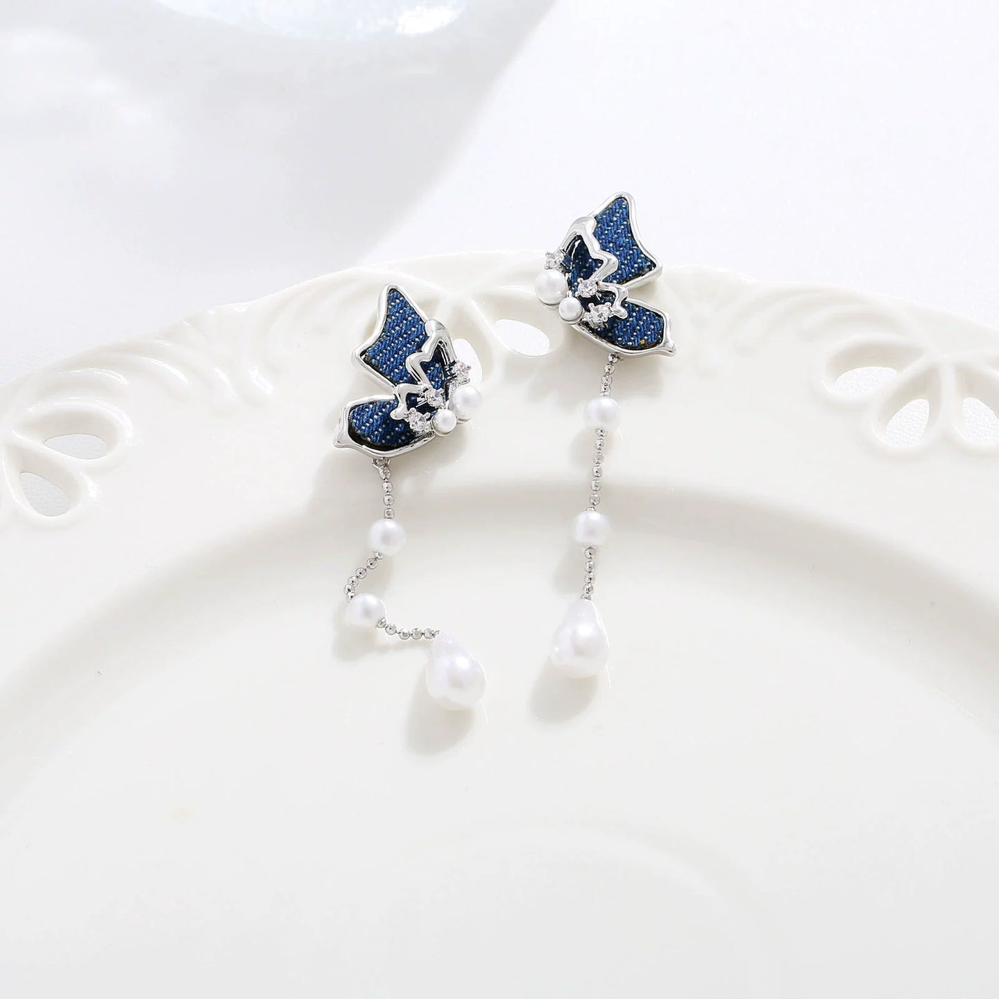 Original Denim Butterfly Earrings with Pearl Accents - Elegant and Feminine Design, Perfect for Special Occasions and Parties for Women