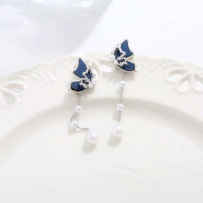 Original Denim Butterfly Earrings with Pearl Accents - Elegant and Feminine Design, Perfect for Special Occasions and Parties for Women