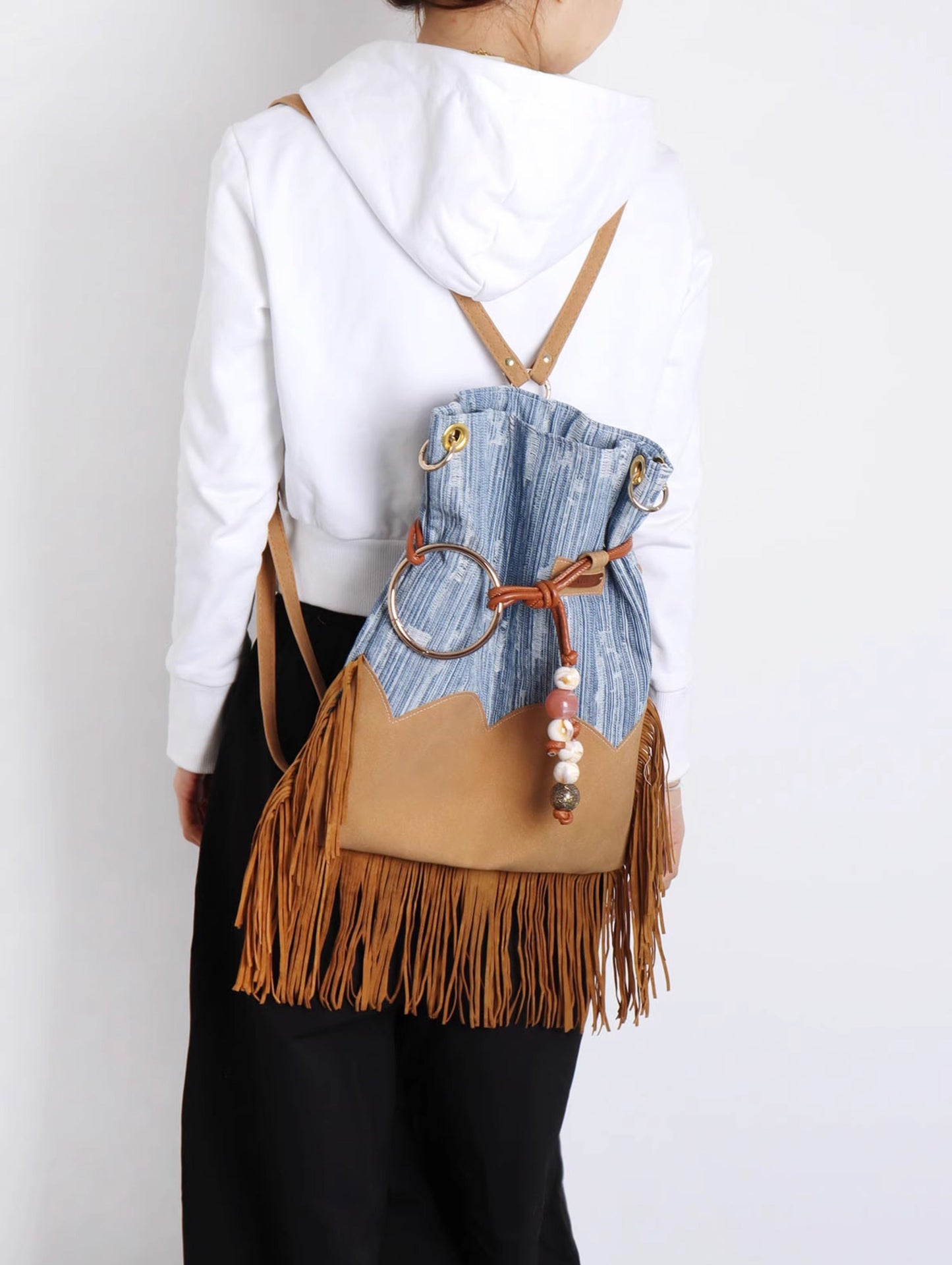 Original Denim Shoulder Bag Fringe Backpack Style with Tan Faux Suede Fringe Details – Bohemian, Vintage, Eclectic for Casual Outings, Festivals, Travel, Ideal for Spacious and Unique Style for Women