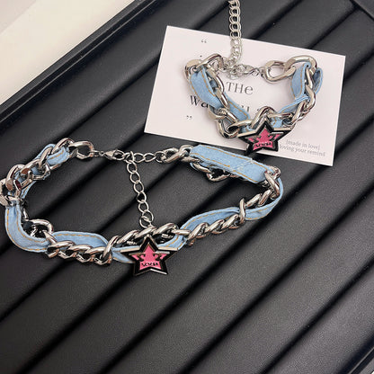 Original Denim Star Necklace and Bracelet Set Design with Silver Chain and Pink Star Charms – Trendy, Edgy for Casual Wear, Street Style, Fashion Accessories, Ideal for Adding a Bold and Stylish Touch to Your Outfit for Women