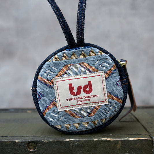 Original Denim Embroidered Round Wristlet Design with Intricate Geometric Embroidery – Bohemian, Artistic for Everyday Carry, Travel, Casual Outings, Ideal for Adding a Unique Handcrafted Touch to Your Essentials for Unisex