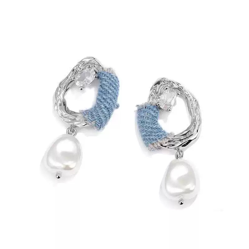 Original Denim Earrings Design with Blue Denim and Crystal Pearl Embellishments – Stylish, Elegant for Casual Outings, Special Occasions, Daily Wear, Ideal for Adding a Chic and Sophisticated Touch to Any Outfit for Women