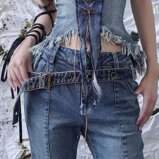 Original Denim Eyelet Belt with Brass Buckle - Trendy and Casual Design, Ideal for Daily Wear and Streetwear for Women