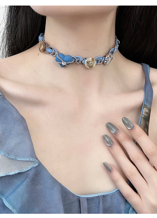 Original Denim Heart Choker Design with Heart-Shaped Accents and Metal Chain Details – Trendy, Chic for Casual Wear, Date Nights, Parties, Ideal for Adding a Fashionable and Unique Touch to Your Look for Women