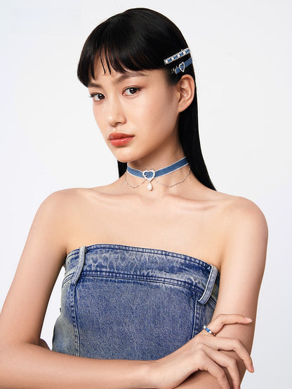 Original Denim Choker Necklace Design with Heart-Shaped Pendant and Pearl Drop Detail – Elegant, Trendy for Casual Wear, Date Night, Parties, Ideal for Adding a Versatile and Stylish Touch to Your Outfit for Women