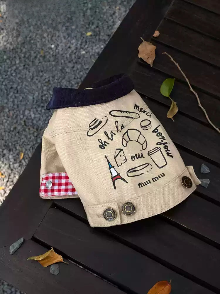 Trendy Beige Denim Dog Vest with Paris-Themed Embroidery and Gingham Accents - Cute, Fashionable Design, Soft and Comfortable for Casual Wear, Photo Shoots, and Everyday Outings for Pets