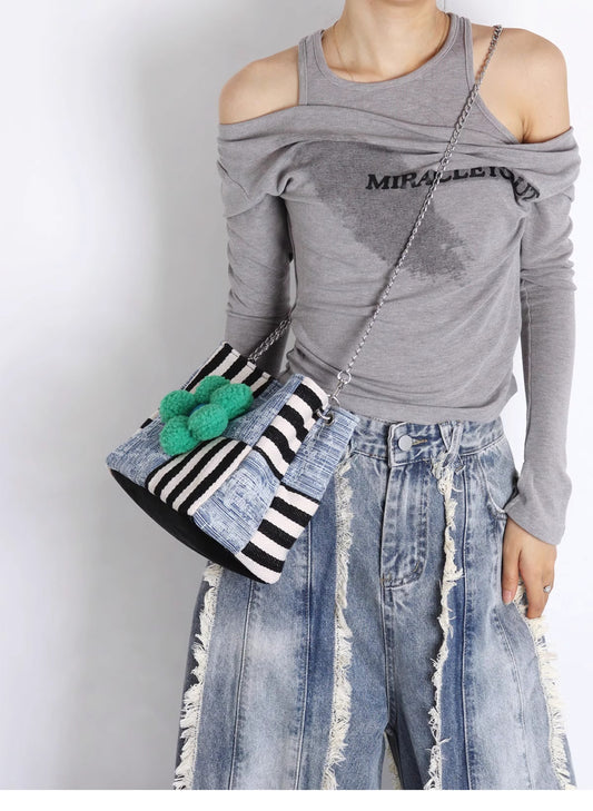 Original Denim Patchwork Handbag Design with Mixed Denim and Striped Fabric – Artistic, Eclectic for Casual Outings, Creative Styling, Statement Accessory, Ideal for Adding a Bold and Unique Touch to Any Outfit for Women