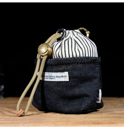 Original Denim Drawstring Pouch Design with Dark Blue Denim and Striped Canvas Top – Rustic, Vintage for Everyday Carry, Travel, Casual Use, Ideal for Keeping Small Essentials Secure in a Stylish Way for Unisex