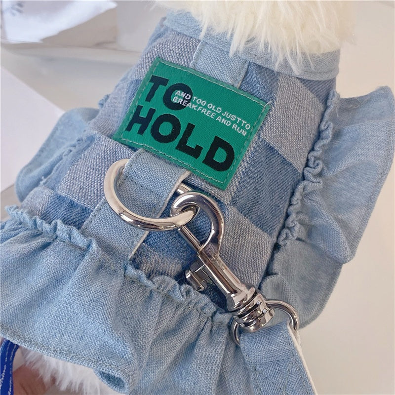 Original Denim Dog Harness with Ruffle Details - Cute and Playful Design, Ideal for Daily Walks and Casual Outings  for Pets