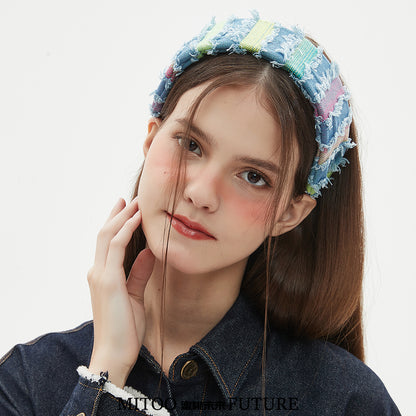 Original Colorful Frayed Denim Headband - Boho Chic Style, Perfect for Young Women