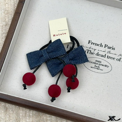 Original Denim Hair Clip with Blue Denim Bow and Cherry Embellishments - Cute, Playful Design, Lightweight, Decorative, Secure Hold for Daily Wear, Parties, and Casual Outings  for Women