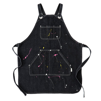 Original Denim Apron Design with Multiple Front Pockets and Colorful Paint Splatters – Practical, Creative for Crafting, Cooking, DIY Projects, Ideal for Protecting Clothes While Adding Style and Function for Unisex