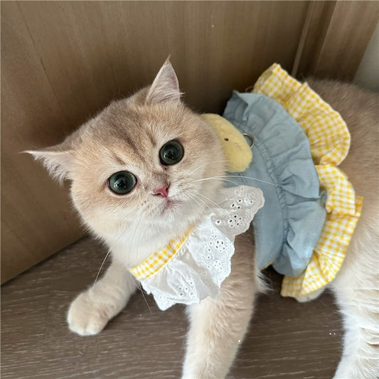 Trendy Cat Dress with Denim Fabric, Yellow Gingham Frills, and Chick-Shaped Applique - Cute, Playful Design , Perfect for Everyday and Outdoor Wear for Pets