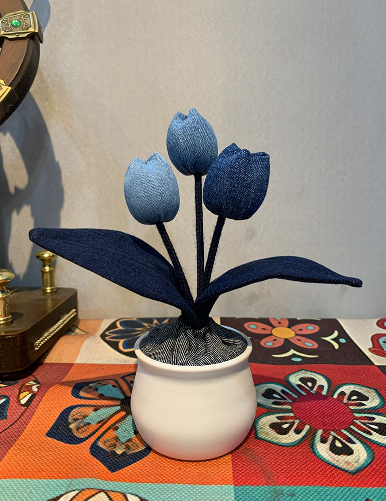 Original Denim Tulip Flower Arrangement - Handcrafted Unisex Home Decor, Vintage Style for Unisex