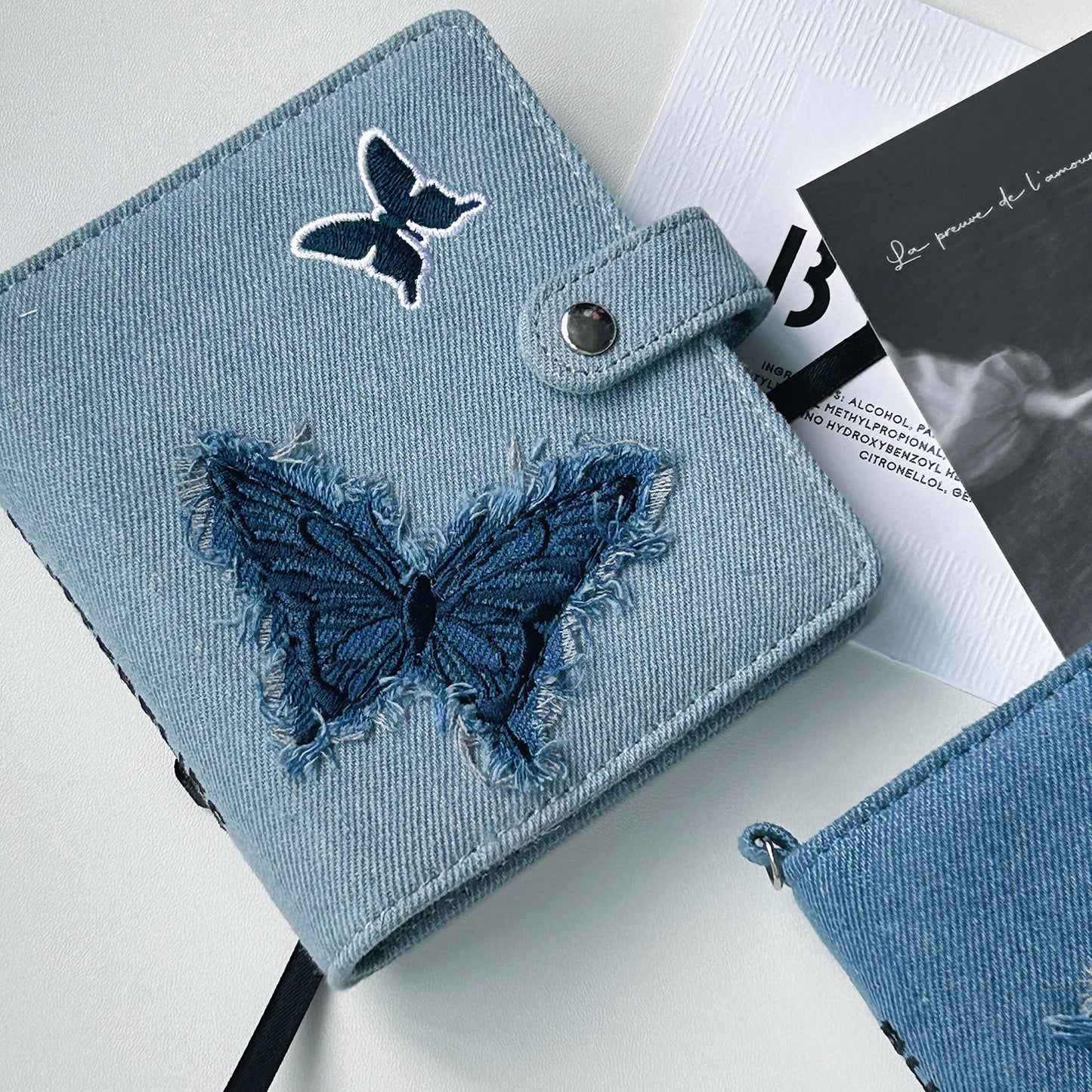 Original Denim Card Holder Storage with Butterfly Applique - Artistic and Unique Design, Ideal for Journaling and Gifting for Women