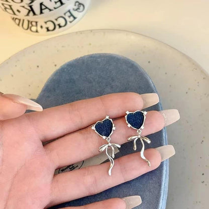 Original Denim Heart Earrings Design with Blue Denim Hearts and Silver Flower Accents – Cute, Trendy for Casual Outings, Special Occasions, Daily Wear, Ideal for Adding a Playful and Chic Look to Your Outfit for Women