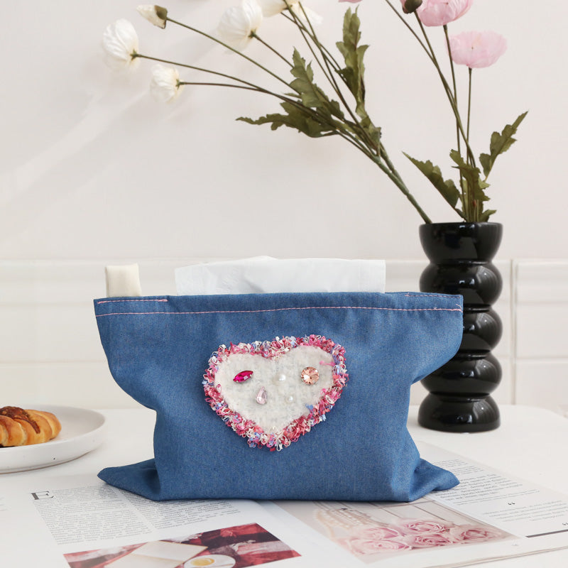 Original Denim Tissue Pouch with Embellished Heart Patch - Cute, Decorative Design for Home, Office, and Travel, Portable, Stylish, Practical for Unisex