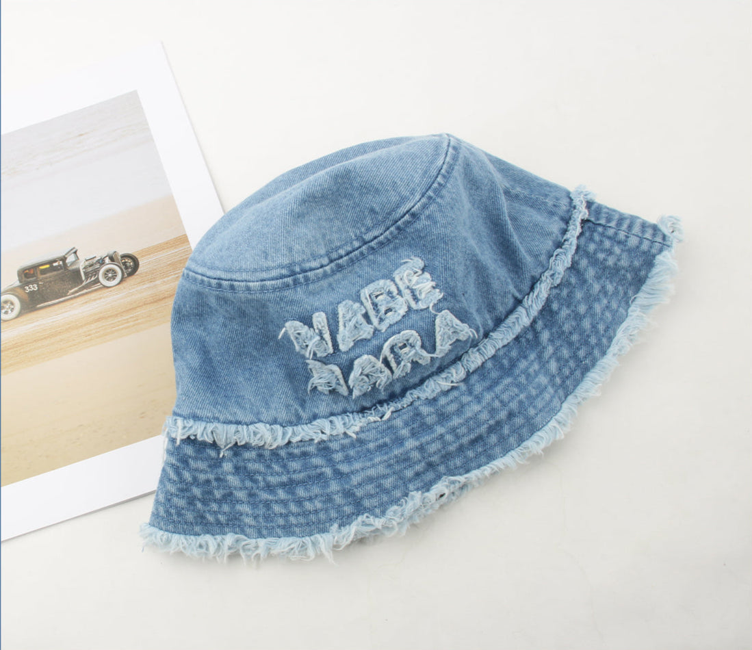 Trendy Distressed Denim Bucket Hat with Fringed Edges and Text Embroidery - Casual, Youthful Design, Lightweight and Stylish for Outdoor Activities and Streetwear for Women